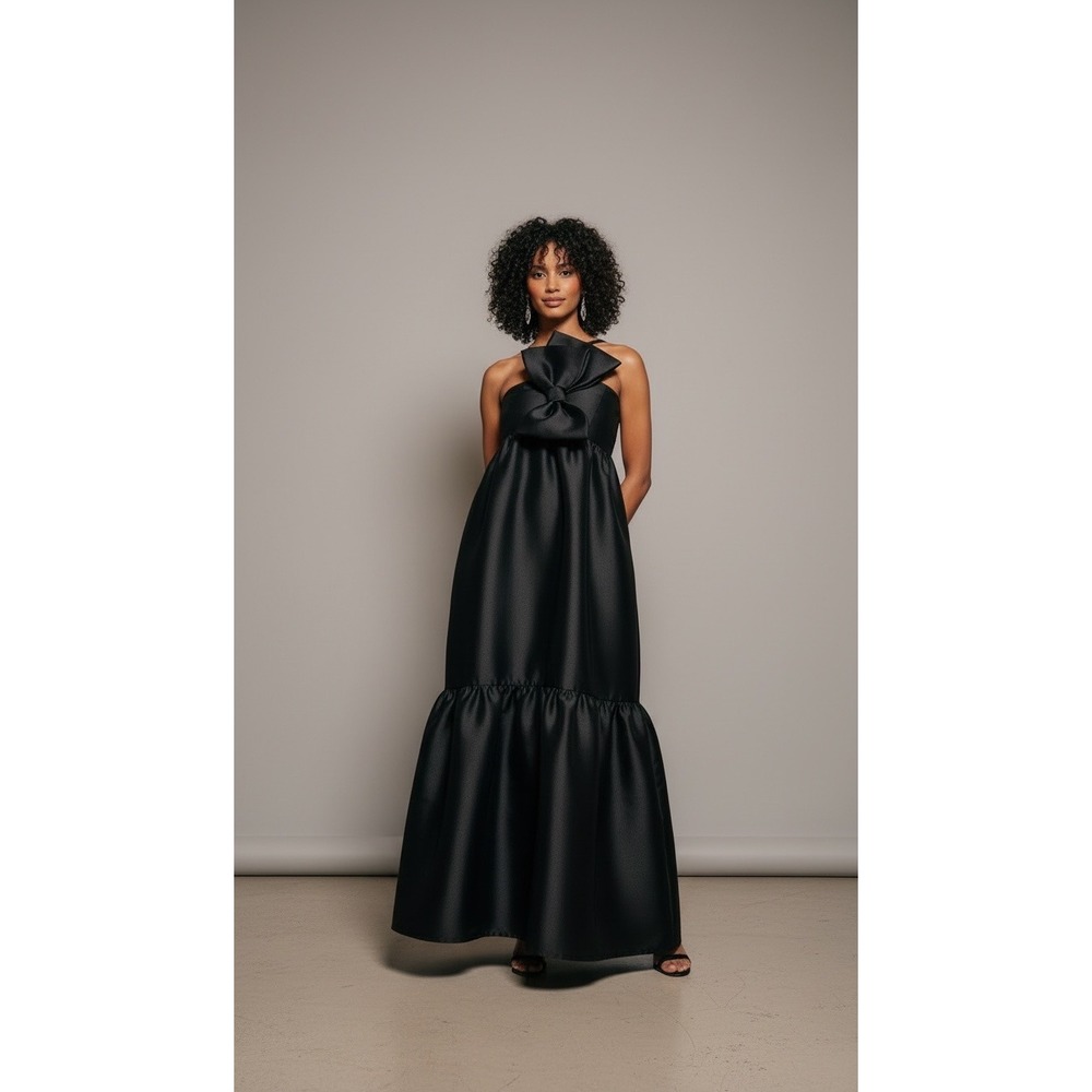 Petal & Pup Bettina Black One Shoulder Bow Maxi Dress Size M Bump Friendly